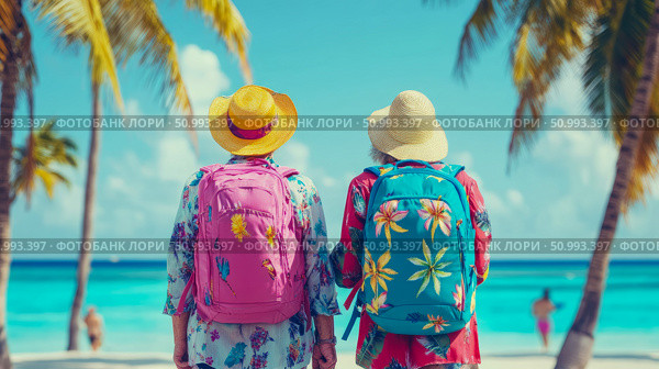 Couple on Tropical Beach Vacation: Adventurous Seniors Exploring Paradise. Стоковое AI-изображение, AI-художник Данила Большаков / Фотобанк Лори