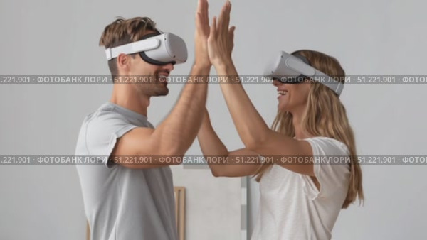 Couple wearing virtual reality headsets, interacting enthusiastically while gesturing wildly, experiencing immersive digital world and cutting edge technological interaction. Стоковое AI-видео, аниматор Юрий Поздников / Фотобанк Лори
