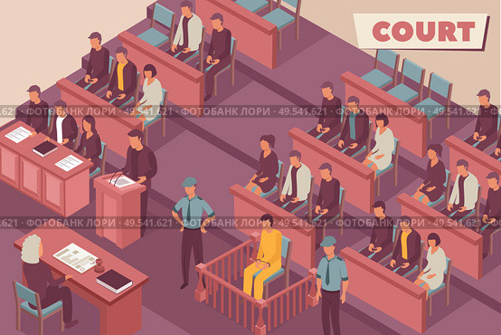 Court isometric background with judge defendant guard witness spectators characters in courtroom interior vector illustration. Стоковая иллюстрация, агентство Ingram Publishing / Фотобанк Лори