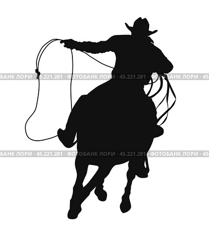 Cowboy holding a lasso rides a horse, isolated vector silhouette. Стоковая иллюстрация, иллюстратор Долотова Елена Викторовна / Фотобанк Лори