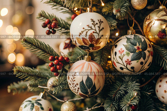 Cozy atmosphere in the room, interior design, a Christmas tree decorated with garlands and glass balls. A festive living room. Happy New Year and Christmas. Стоковое AI-изображение, AI-художник Photojuli / Фотобанк Лори