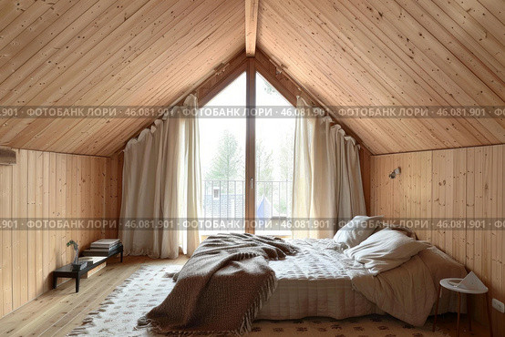 Cozy attic bedroom with wooden walls and ceiling inviting relaxation. Стоковое AI-изображение, AI-художник Иван Рябоконь / Фотобанк Лори