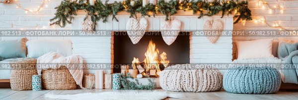 Cozy Christmas Fireplace Scene: White Brick Mantel, Knitted Hearts, and Warm Firelight. Стоковое AI-изображение, AI-художник Данила Большаков / Фотобанк Лори