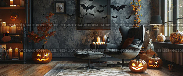 Cozy Halloween Living Room Decor With Jack OLanterns, Bats, and Candles. Стоковое AI-изображение, AI-художник Юлия Гапеенко / Фотобанк Лори
