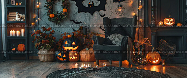 Cozy Halloween Living Room Decor With Jack OLanterns, Bats, and Candles. Стоковое AI-изображение, AI-художник Юлия Гапеенко / Фотобанк Лори