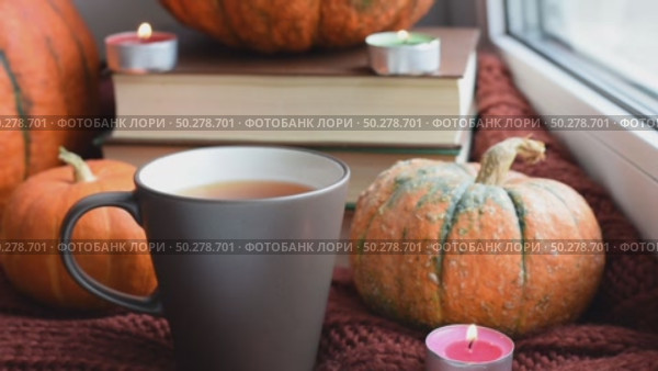 Cozy Hygge scene with sweater and candles. Orange pumpkins and cup of tea ore coffee. Halloween concept, cozy home, aromatherapy. Стоковое видео, видеограф Марина Демидюк / Фотобанк Лори
