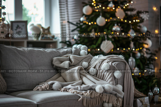 Cozy living room decor with gray sofa and festive christmas tree at home. Стоковое AI-изображение, AI-художник Zakharova Natasha / Фотобанк Лори