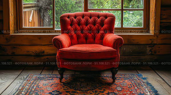 Cozy red tufted armchair in rustic log cabin living room with serene view of lush green nature through window. Стоковое AI-изображение, AI-художник Данила Большаков / Фотобанк Лори