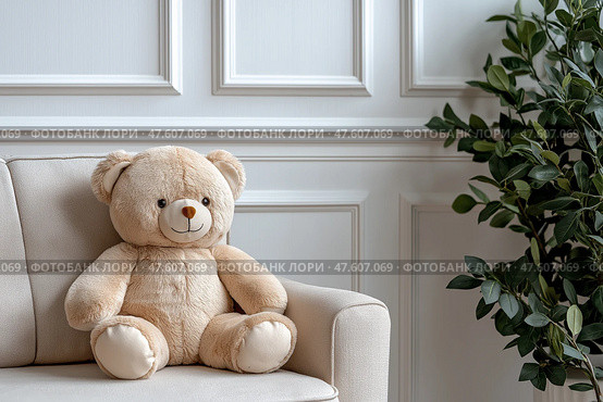 Cozy teddy bear resting on a soft sofa in a serene living room setting. Уютный плюшевый мишка сидит на мягком диване в безмятежной обстановке гостиной. Стоковое AI-изображение, AI-художник Katsiaryna Repich / Фотобанк Лори