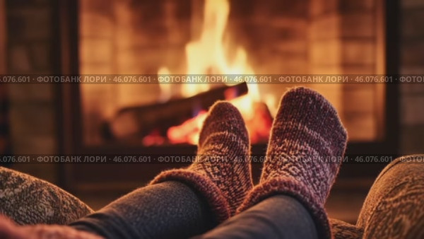Cozy, warm feet in knitted gray socks by the glowing fireplace. Point of view. Charming winter ambiance. Closeup of legs in knit socks near fire stove in the wooden cabin, in rustic room or farmhouse. Стоковое AI-видео, аниматор Марина Демидюк / Фотобанк Лори