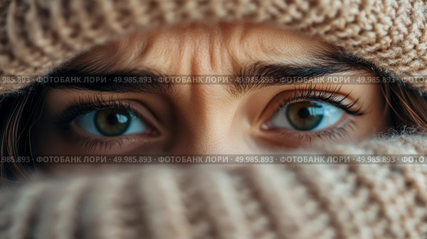 Cozy Winter Concept: Close-up Portrait of Green Eyes Framed by Beige Knitwear, evoking a sense of warm concealment. Стоковое AI-изображение, AI-художник Данила Большаков / Фотобанк Лори
