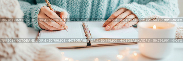 Cozy Winter Writing: Woman in Knit Sweater Journaling by Candlelight. Стоковое AI-изображение, AI-художник Данила Большаков / Фотобанк Лори