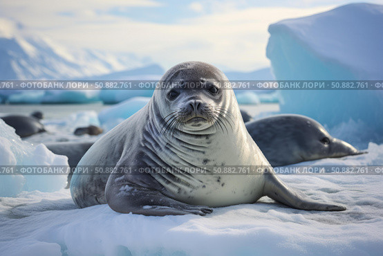Crabeater seal resting on ice floe in antarctica. Стоковое AI-изображение, AI-художник Иван Рябоконь / Фотобанк Лори