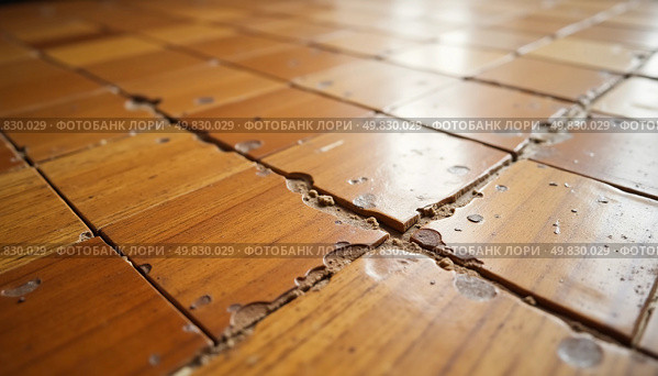 Cracked and damaged wooden tiles tell a story of neglect and wear, hinting at the vibrant life that once filled this space. Light reflects softly, highlighting the textures Generative AI. Стоковое AI-изображение, AI-художник Юлия Петровская / Фотобанк Лори