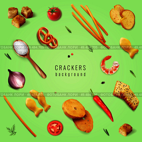 Crackers and snacks with different forms and flavoring additives on green background realistic vector illustration. Стоковая иллюстрация, агентство Ingram Publishing / Фотобанк Лори