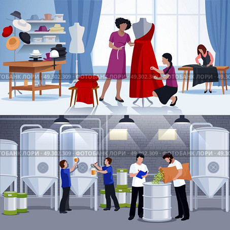 Craftspeople Tailors Brewers 2 Flat Banners . Craftspeople 2 flat banners composition with craft brewers beer production and tailors at work isolated vector illustration . Стоковая иллюстрация, агентство Ingram Publishing / Фотобанк Лори