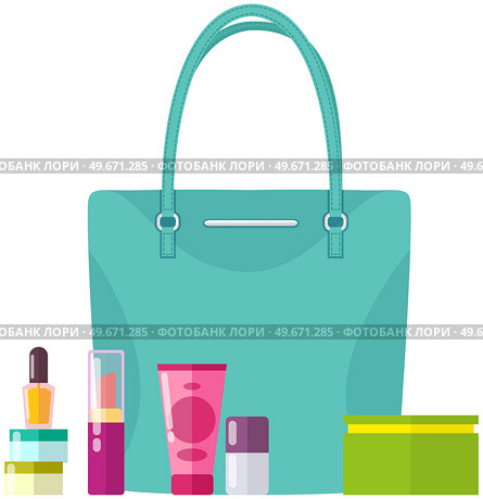 Cream, perfume, cosmetics and pomade. Contents of woman s handbag. Vanity table. Concept of beauty bloggers, fashion and glamour. Elegant ladies leather bag, female accessories for makeup and care. Cream, perfume, cosmetics and pomade. Contents of woman s handbag, accessories for makeup and care. Стоковая иллюстрация, агентство Ingram Publishing / Фотобанк Лори
