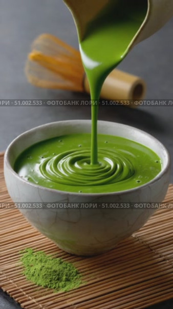 Creamy matcha tea pouring into bowl. Стоковое AI-видео, аниматор Юрий Поздников / Фотобанк Лори