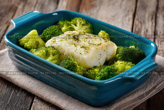 Creamy Parmesan baked white fish fillet with broccoli in a blue ceramic dish on a wooden table. Close-up shot, delicious-looking food. Pan Seared Halibut with a white sauce, bright studio lighting. Стоковое AI-изображение, AI-художник Марина Демидюк / Фотобанк Лори