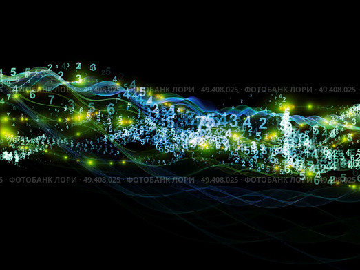 Creative arrangement of abstract sine waves, numbers and design elements to act as complimentary graphic for subject of modern computing, virtual reality and signal processing. Стоковое фото, агентство Ingram Publishing / Фотобанк Лори