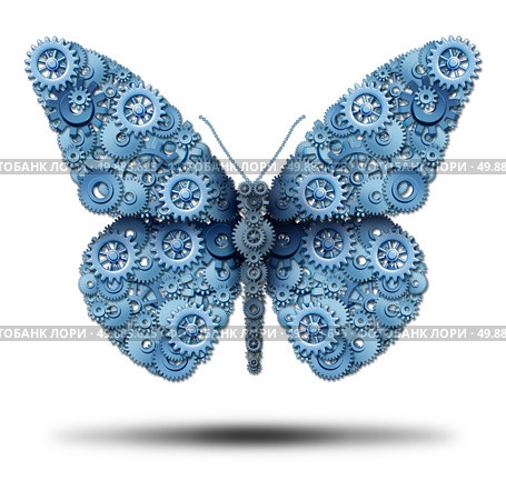 Creative business freedom and the power of imagination symbol as a group of gears and cog wheels connected together to form a flying butterfly shape as an icon of innovation freedom on a white background. Стоковое фото, агентство Ingram Publishing / Фотобанк Лори