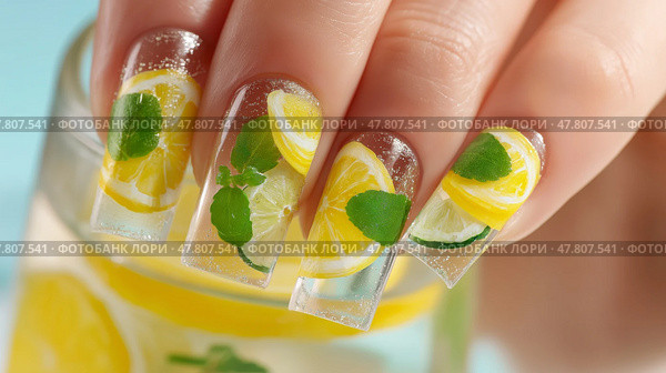Creative nail art featuring vibrant lemon and lime designs on manicured hands. Креативный нейл-арт с яркими рисунками лимона и лайма на ухоженных руках. Стоковое AI-изображение, AI-художник Katsiaryna Repich / Фотобанк Лори