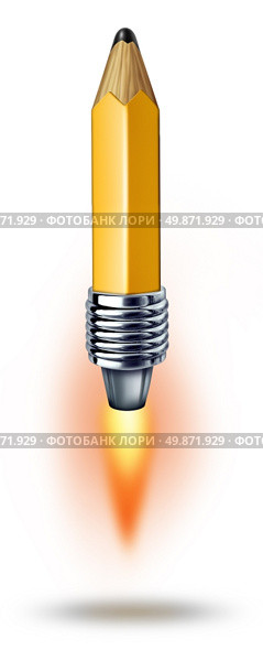 Creative power symbol as a pencil with a rocket blasting off representing business success and leadership in imagination and breaking new creativity ground on a white background. Стоковое фото, агентство Ingram Publishing / Фотобанк Лори