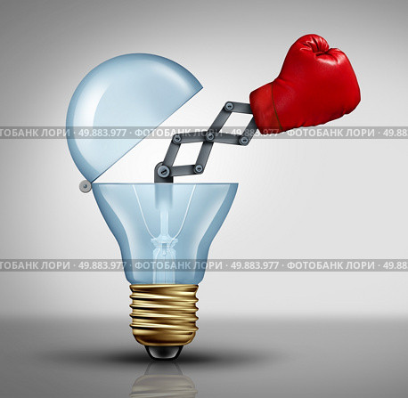 Creative weapon symbol and game changer business concept for the power of ideas and fighting to pitch powerful innovation as  a red boxing glove emerging out of an open light bulb as an icon of creativity success with out of the box thinking. Стоковое фото, агентство Ingram Publishing / Фотобанк Лори