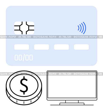 Credit card with chip, contactless icon, currency coin, and computer monitor. Ideal for finance, online payments, banking, contactless transactions digital commerce technology e-commerce. Line. Credit card with chip and contactless icon, currency coin, and computer monitor representing digital transactions. Стоковая иллюстрация, агентство Ingram Publishing / Фотобанк Лори