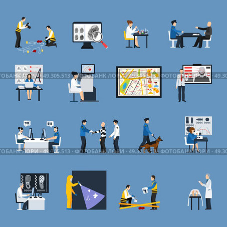 Crime Investigation Flat Icons Set. Set of flat icons with crime investigation dna analysis fingerprint examination trace evidence interrogation isolated vector illustration. Стоковая иллюстрация, агентство Ingram Publishing / Фотобанк Лори
