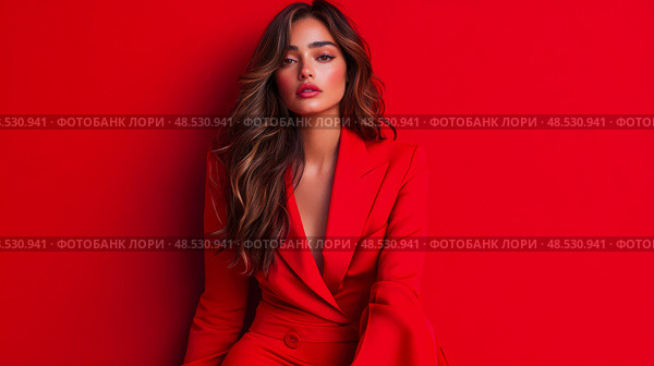 Crimson Charm: A sultry portrait of a brunette woman in a scarlet suit against a matching ruby backdrop. Стоковое AI-изображение, AI-художник Данила Большаков / Фотобанк Лори