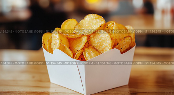 Crispy Potato Chips Served in a White Takeout Box on a Wooden Table in a Casual Dining Setting. Стоковое AI-изображение, AI-художник Юлия Гапеенко / Фотобанк Лори