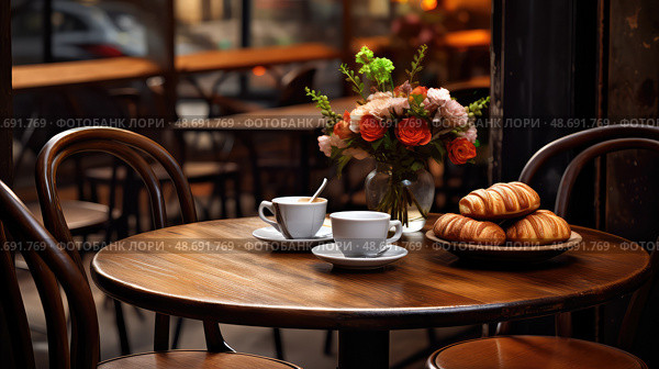 croissant coffeeshop table ai generated. Стоковое AI-изображение, AI-художник Vectorwin / Фотобанк Лори
