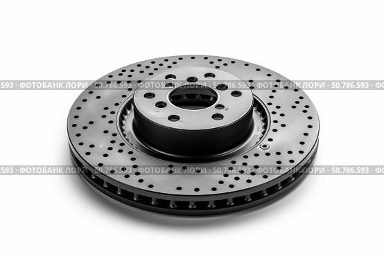 Cross drilled brake disc rotor isolated on white background. Стоковое AI-изображение, AI-художник Иван Рябоконь / Фотобанк Лори