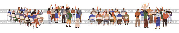 Crowd of people sitting and standing in audience. Rear view of academic auditorium, fan audience, people crowd. Set of spectators backs. Backside of people characters. Men women on concert or festival. Crowd of people sitting and standing in audience. Rear view of academic auditorium, fan audience, people crowd. Стоковая иллюстрация, агентство Ingram Publishing / Фотобанк Лори