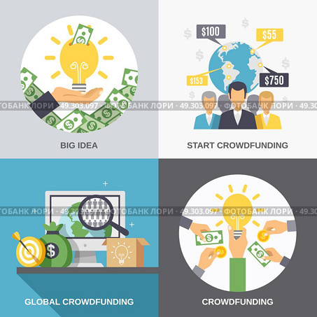 Crowdfunding 2x2 Design Concept . Crowdfunding 2x2 design concept with business idea finance investment and global donation icons compositions flat vector illustration . Стоковая иллюстрация, агентство Ingram Publishing / Фотобанк Лори