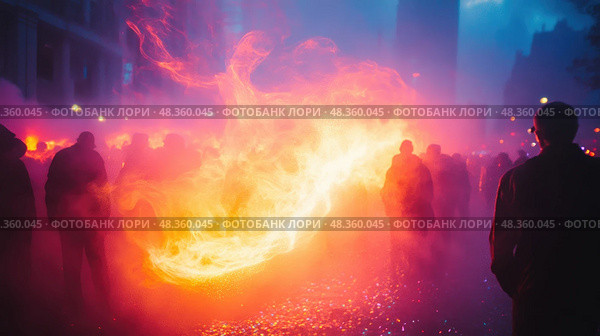 Crowds gather in the city streets at night, illuminated by vivid flames as participants demonstrate for social change and justice. Стоковое AI-изображение, AI-художник Данила Большаков / Фотобанк Лори