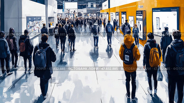 Crowds of people navigate a bustling exhibition space showcasing technology displays and products at a major trade event in a modern venue. Стоковое AI-изображение, AI-художник Данила Большаков / Фотобанк Лори