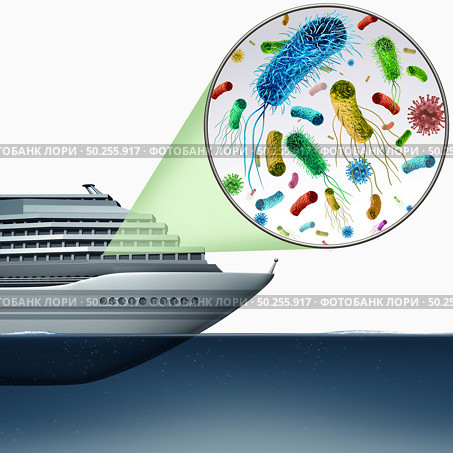Cruise liner Ship disease outbreak and norovirus and e coli contamination risk as a passenger boat with contagious germs health risk as a 3D illustration. Стоковое фото, агентство Ingram Publishing / Фотобанк Лори
