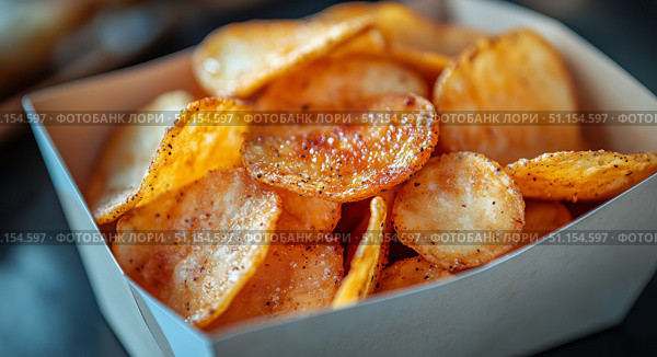 Crunchy Potato Chips Served in a White Box on a Rustic Wooden Table During a Snack Time Gathering. Стоковое AI-изображение, AI-художник Юлия Гапеенко / Фотобанк Лори