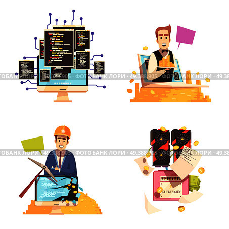 Cryptocurrency 2x2 design concept with people involved in bitcoin mining business  and blockchain technology flat vector illustration . Cryptocurrency 2x2 Design Concept. Стоковая иллюстрация, агентство Ingram Publishing / Фотобанк Лори
