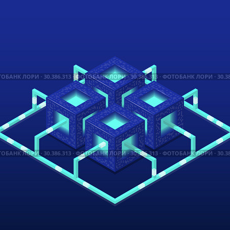 Cryptocurrency and blockchain isometric vector composition with blocks. EPS10. Стоковая иллюстрация, иллюстратор Андрей Соломин / Фотобанк Лори