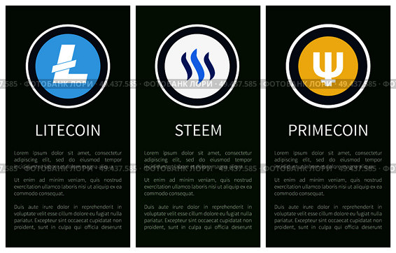 Cryptocurrency icons on vertical promo posters set. Blue litecoin, white steem and yellow primecoin on green background cartoon vector illustrations.. Cryptocurrency Icons on Vertical Promo Posters Set. Стоковая иллюстрация, агентство Ingram Publishing / Фотобанк Лори