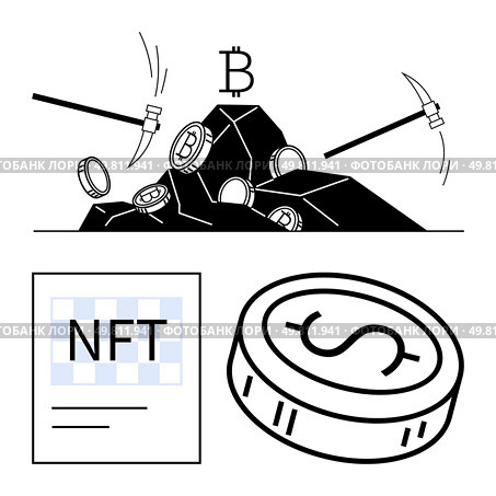 Cryptocurrency mining with pickaxes and bitcoins, a dollar coin, and an NFT certificate. Ideal for finance, technology, investment, digital art, blockchain innovation and the future. Line metaphor. Cryptocurrency and Digital Assets Concept with Bitcoin Mining, Dollar Coin, and NFT. Стоковая иллюстрация, агентство Ingram Publishing / Фотобанк Лори