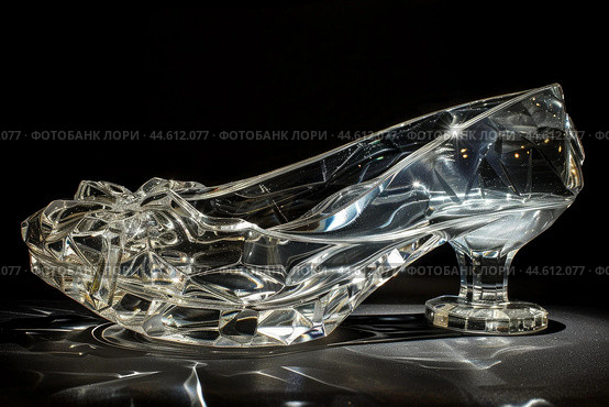 Crystal glass slipper on black background. Стоковое AI-изображение, AI-художник Иван Рябоконь / Фотобанк Лори
