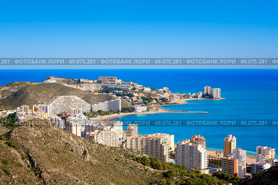 Cullera beach aerial with skyline of village in Mediterranean Valencia of Spain. Стоковое фото, агентство Ingram Publishing / Фотобанк Лори