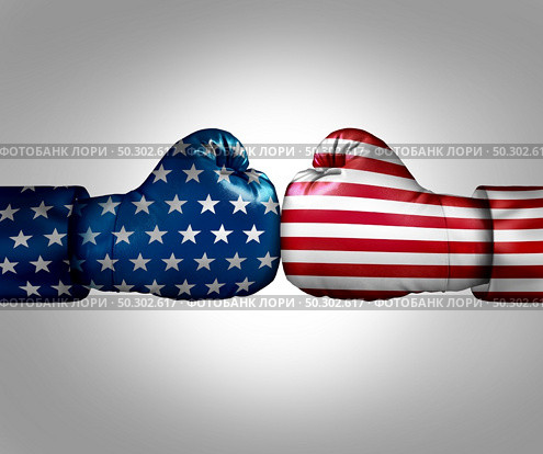 Culture war and cultural wars concept or USA heritage and divided American politics as different philosophy as cultures fighting in conflict in the United States in a 3D illustration style. Стоковое фото, агентство Ingram Publishing / Фотобанк Лори