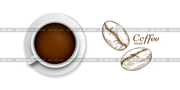 Cup of coffee on a white background. Coffee beans. Drink. Vector illustration . Стоковая иллюстрация, иллюстратор Александр Трофимович / Фотобанк Лори