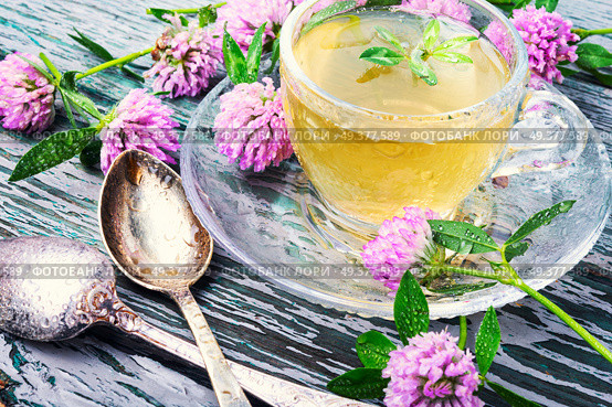 Cup of herbal tea made of wild clover.Tea concept. Healthy tea with clover. Стоковое фото, агентство Ingram Publishing / Фотобанк Лори