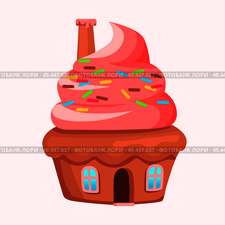 Cupcake house with chimney on creamy roof icon. Glazed muffin home with colorful candy sprinkles flat vector isolated on white background. Fantastic fairy sweet baked cottage illustration. Cupcake House with Chimney On Creamy Roof Vector. Стоковая иллюстрация, агентство Ingram Publishing / Фотобанк Лори